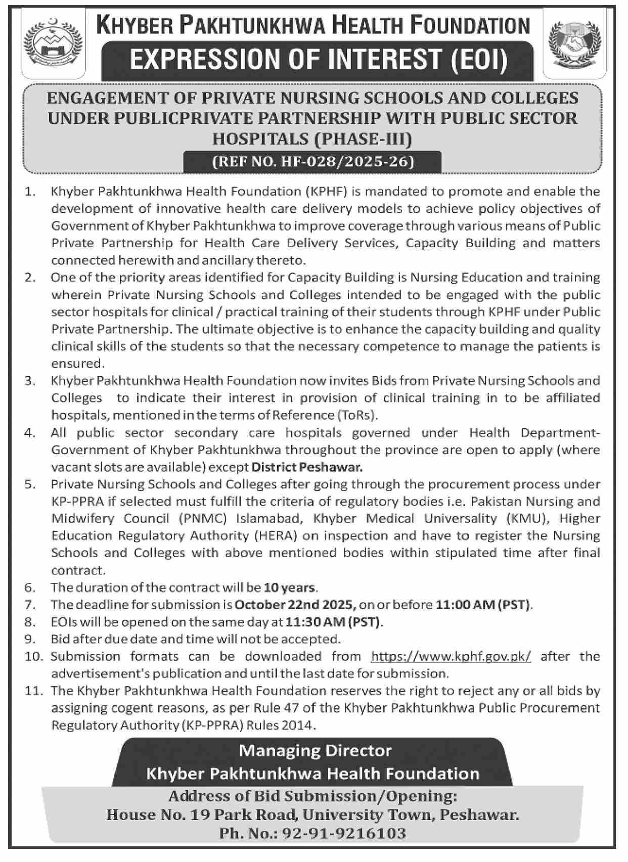 Health Foundation Peshawar Tender Notice